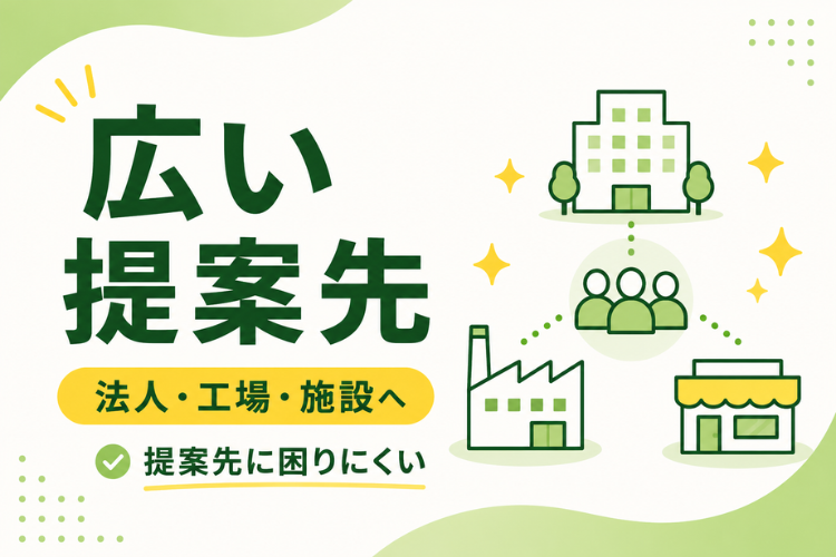一般家庭や法人・工場など訴求ター ゲットが限定されていないため、提案 先に困りにくいこともポイントです！