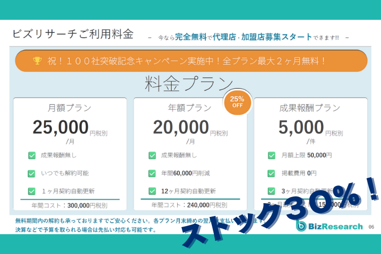 利用料30％還元！ストック収益で安定的に積み上げる代理店モデル！