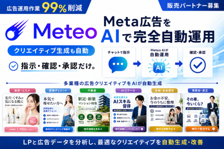 Meteo代理店募集｜月商1,000万円突破を目指す Meta広告運用をAIで自動化する広告支援サービスのメイン画像