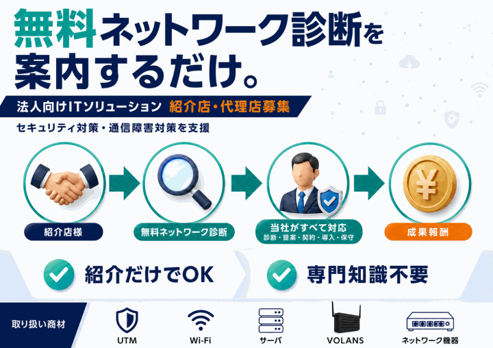 無料ネットワーク診断でサイバー攻撃対策！UTM・セキュリティ・通信障害対策を支援する法人向けITソリューション紹介店・代理店募集のメイン画像