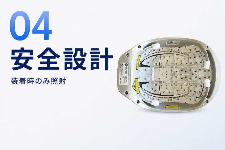 ヘルメット内部に設置されたセンサーにより頭部に装着したことを検知して低出力レーザーの照射を開始します。誤ってレーザー光を直接見ないよう安全を考慮した設計になっています。
